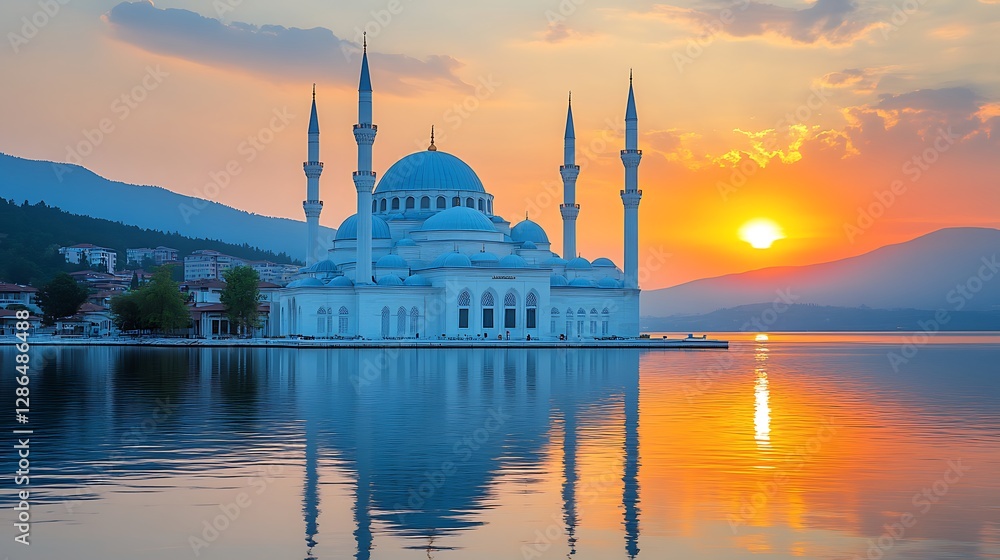 Obraz premium Sunrise Mosque Lakeside Serenity