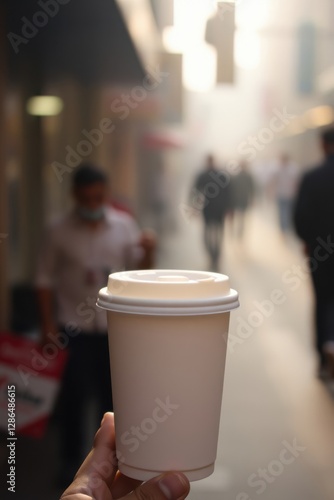 Coffee on the go: A hand holds a coffee cup on a busy street, blending personal pause with urban life. photo