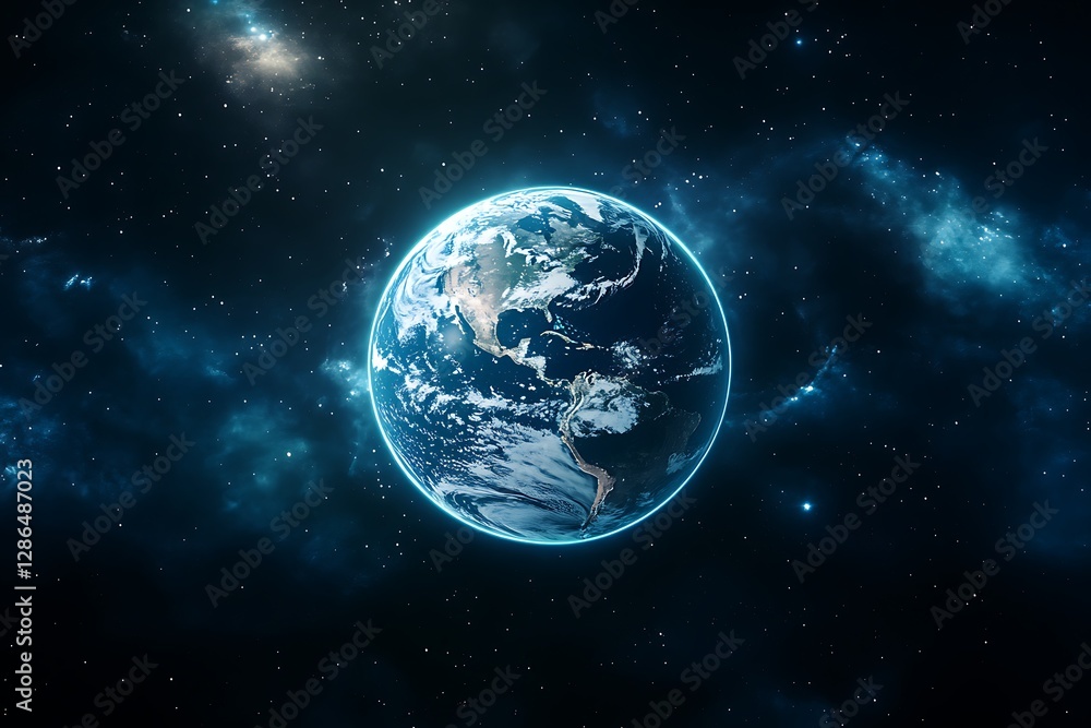 Naklejka premium Planet earth rotating in space with nebulae and stars shining brightly
