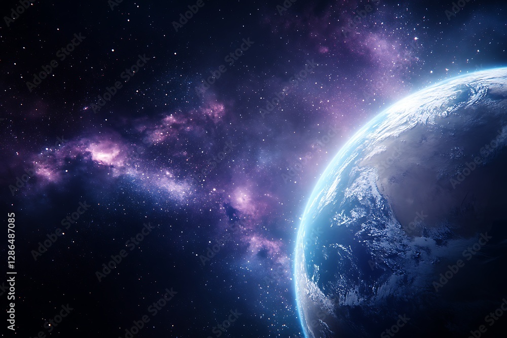 Obraz premium Planet earth rotating in the vastness of space with purple nebulae