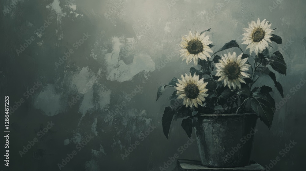 Detailed clear A vintage oil painting of sunflowers in an old pot grey background It s painted with very light soft brush strokes Soft texture The overall aesthetic has an antique appearance