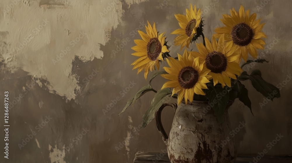 Detailed clear A vintage oil painting of sunflowers in an old pot grey background It s painted with very light soft brush strokes Soft texture The overall aesthetic has an antique appearance