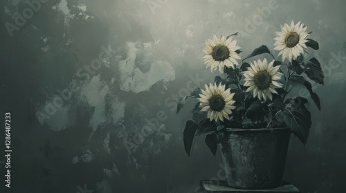 Obraz na płótnie Detailed clear A vintage oil painting of sunflowers in an old pot grey background It s painted with very light soft brush strokes Soft texture The overall aesthetic has an antique appearance w salonie