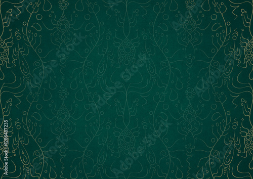 Wallpaper Mural Hand-drawn unique abstract ornament. Light green on a dark cold green background, with vignette in golden glitter. Paper texture. Digital artwork, A4. (pattern: p13-1b) Torontodigital.ca