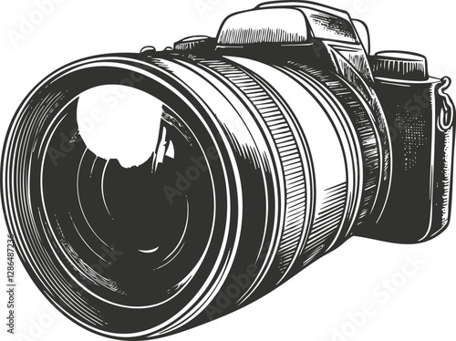 Vintage camera illustration with detailed lens sketch in black and white.