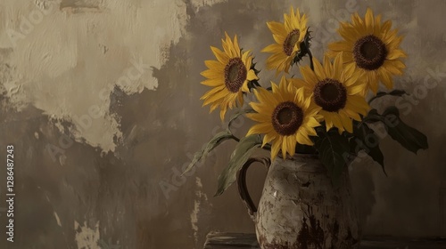 Obraz na płótnie Detailed clear A vintage oil painting of sunflowers in an old pot grey background It s painted with very light soft brush strokes Soft texture The overall aesthetic has an antique appearance w salonie