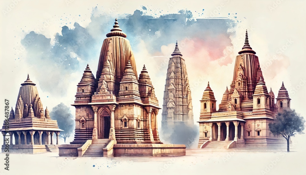 Fototapeta premium Bihar day card illustration in watercolor style with temples.