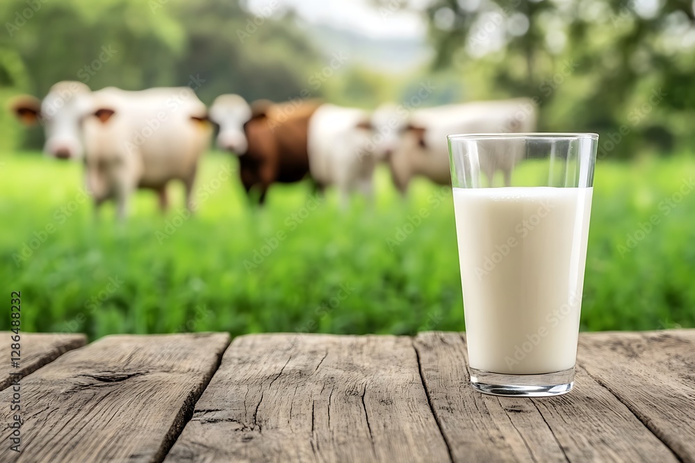 Fresh milk glass standing on wooden table with grazing cows in background Fresh milk glass standing on wooden table with grazing cows in background