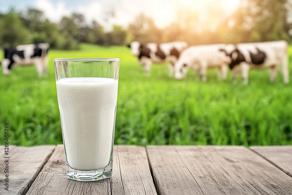 Glass of milk on wooden table with cows grazing in green pasture Glass of milk on wooden table with cows grazing in green pasture