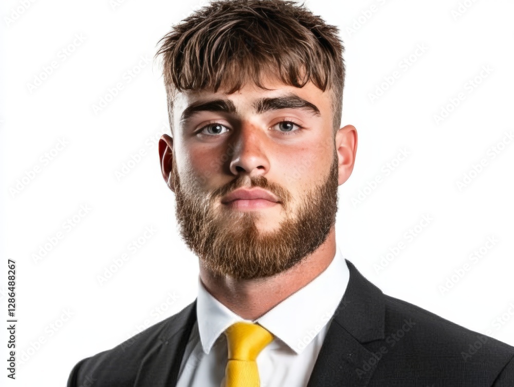 Portrait of young man with short brown hair well groomed beard wearing black suit and yellow tie isolated on white professional headshot Portrait of young man with short brown hair well groomed beard wearing black suit and yellow tie isolated on white professional headshot
