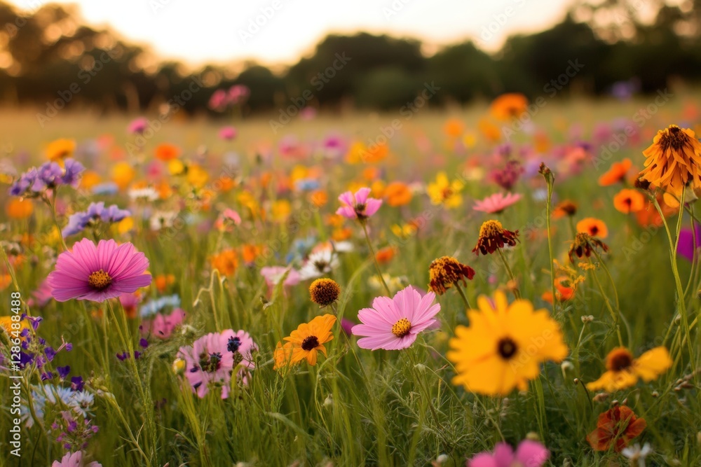 A vibrant field of colorful wildflowers in full bloom under the golden sunset, creating a picturesque and serene scene A vibrant field of colorful wildflowers in full bloom under the golden sunset, creating a picturesque and serene scene