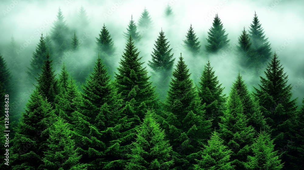 Obraz premium Dense evergreen forest shrouded in mist, creating a serene and mystical atmosphere for nature themes, eco-friendly designs, and tranquil backgrounds