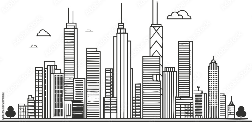 Fototapeta premium Minimalist city skyline illustration with modern skyscrapers in black and white.