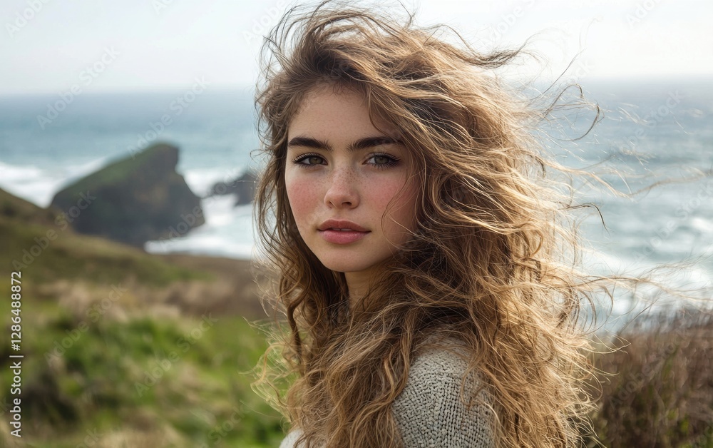 Professional stock photo of a Young Woman with Long Wavy Hair Enjoying a Breeze by the Ocean Professional stock photo of a Young Woman with Long Wavy Hair Enjoying a Breeze by the Ocean