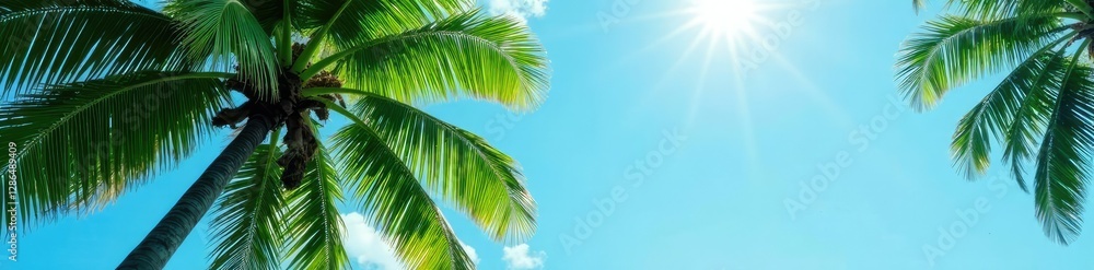 Verdant palm tree branches suspended in the sky, serene, foliage Verdant palm tree branches suspended in the sky, serene, foliage
