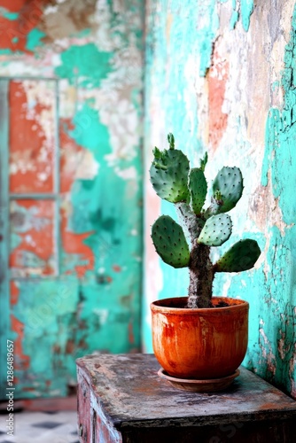Imitation oil painting cactus in a beautiful pot delicate colors minimalism modern