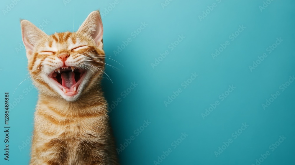 Laughing cat on plain blue background copy space