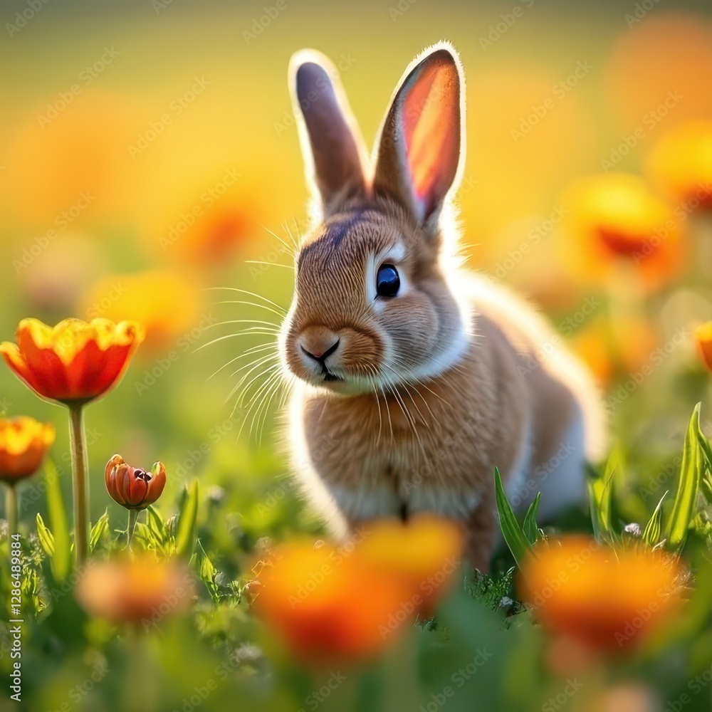 Bunny Playing in Flower Field Bunny Playing in Flower Field