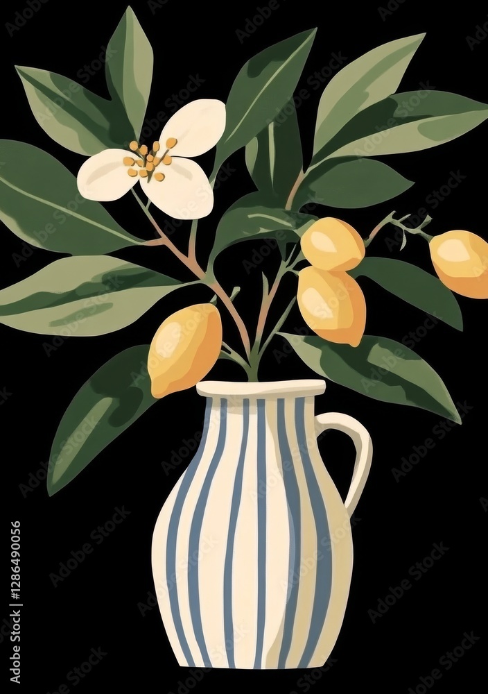 Lemons in a white and blue striped vase gouache painting in the style Mediterranean mood with warm and soft tones for painting Amalfi coast summer mood