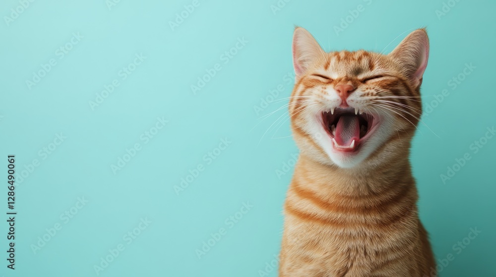 Laughing cat on plain blue background copy space