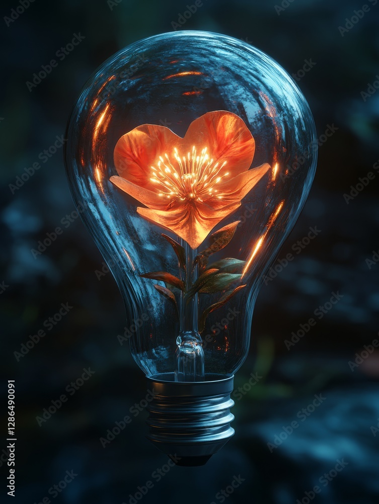 Light bulb with heart shaped flower inside photographic photorealistic dark mystical atmosphere cinematic lighting cozy room background soft shadows light blue and muted red colors highly detailed