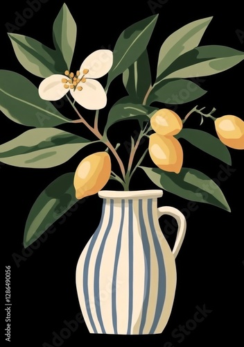 Lemons in a white and blue striped vase gouache painting in the style Mediterranean mood with warm and soft tones for painting Amalfi coast summer mood