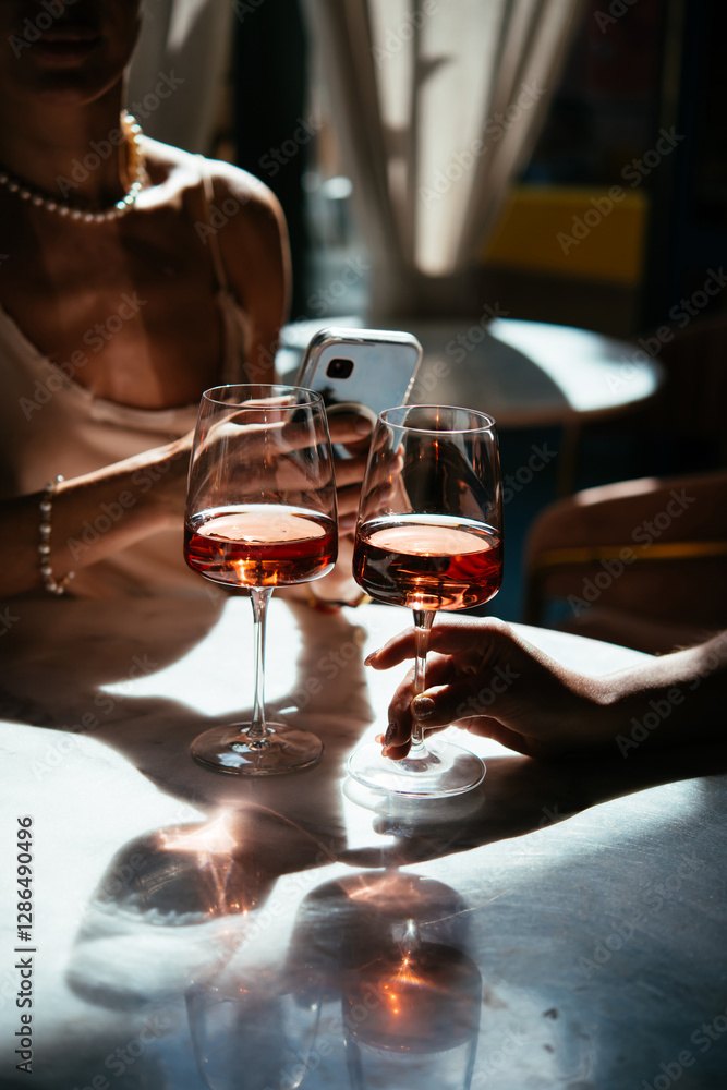Glasses of rose wine seen during a friendly party or a celebration in a restaurant of a bar.