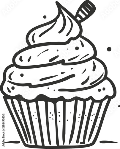 Black and white sketch of a cupcake with frosting and decoration.