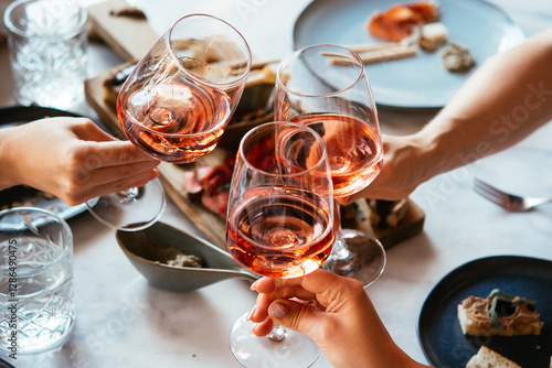 Friends having a dinner party with different kinds of appetizers and rose wine.