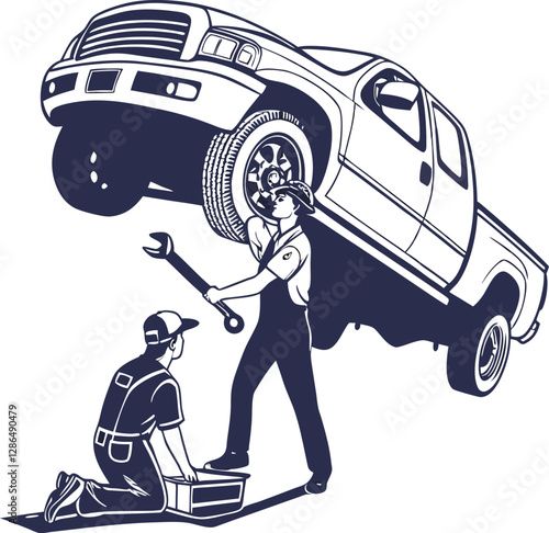 vector artwork of two mechanics working on a pickup truck with tools ideal for automotive repair service transportation