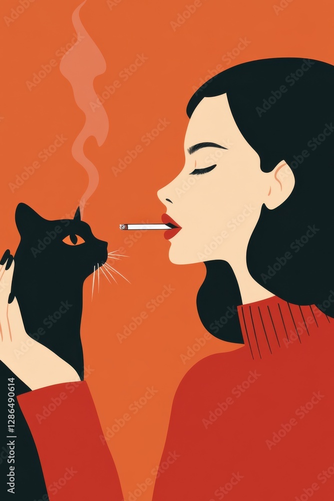 Minimalist flat design illustration a woman with a cigarette and an esspresso include a black cat