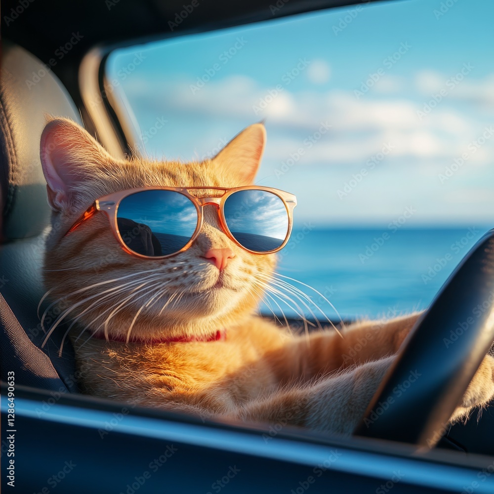 Muppet cat wearing sunglasses driving a car with the blue sea outside the window photo HD magazine shot includes details