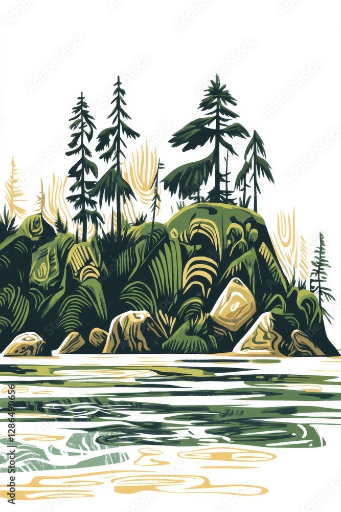 National Park esque postcard with tribal rock island design