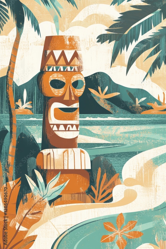 National Park esque postcard with tribal rock island design