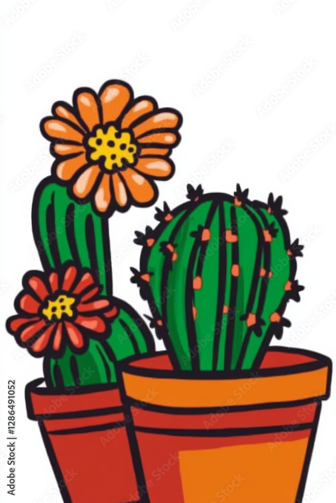 PAINTING OF TWO CACTUS WITH FLOWER IN POT ON WHITE BACKGROUND ILLUSTRATION ONE CACTUS MORE DEFINED AND OTHER ONE FLATTER COLORS