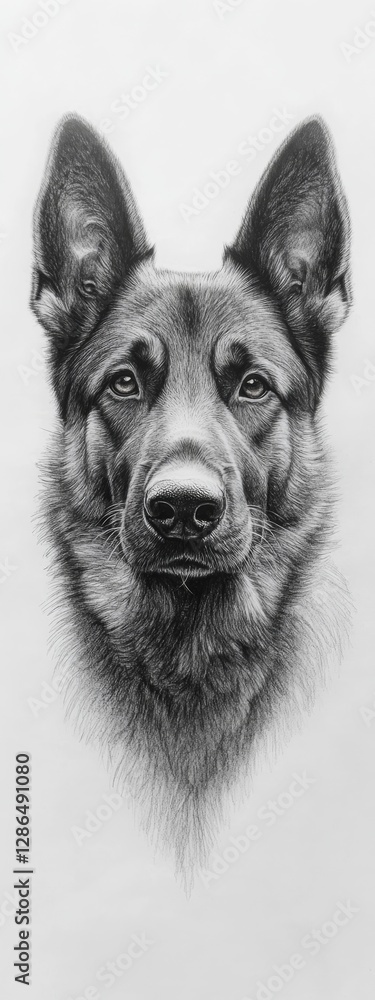 Pencil sketch of a german shepherd dog looking straight at the camera on a white background