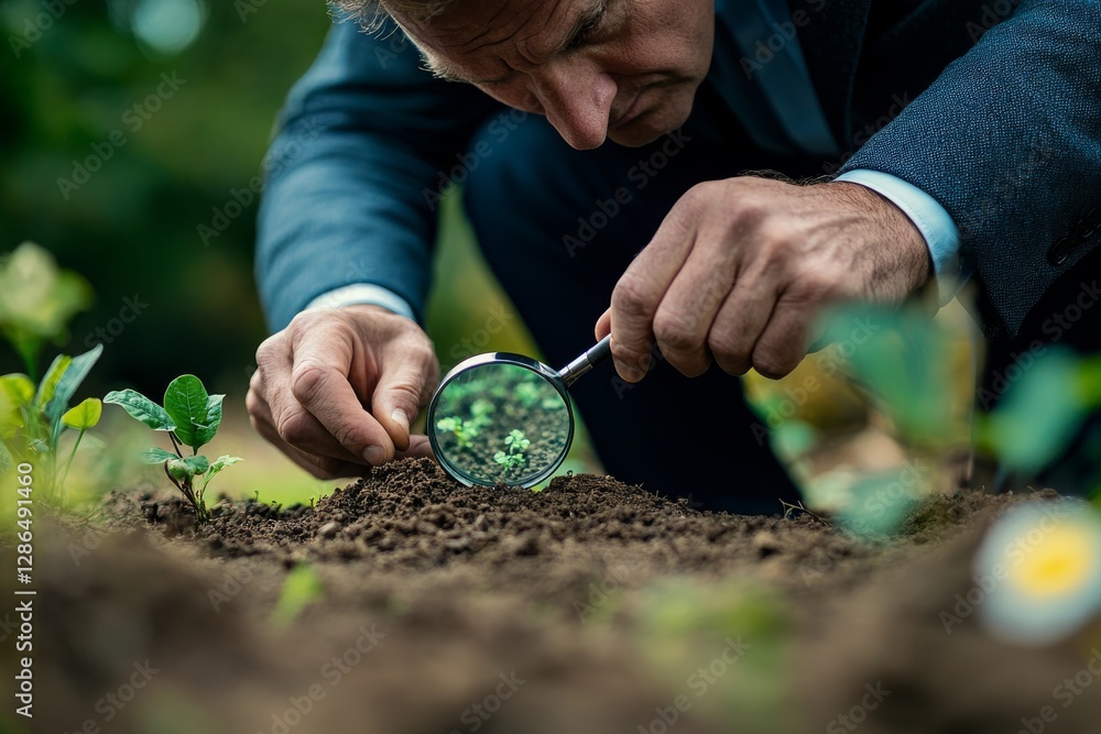 Photo of A businessman examines a plot of land with a magnifying glass Purchase and sale of land Plot valuation Checking for arrests and possible risks to the successful conclusion of the contract