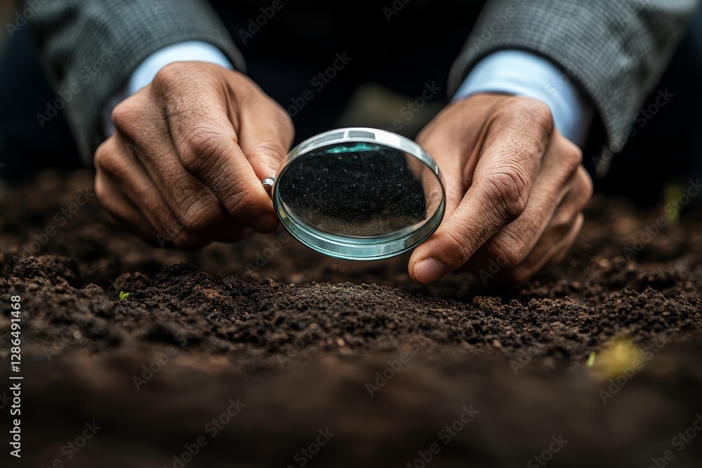 Photo of A businessman examines a plot of land with a magnifying glass Purchase and sale of land Plot valuation Checking for arrests and possible risks to the successful conclusion of the contract