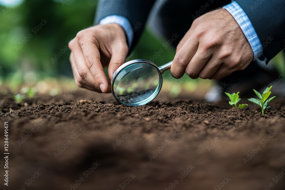 Photo of A businessman examines a plot of land with a magnifying glass Purchase and sale of land Plot valuation Checking for arrests and possible risks to the successful conclusion of the contract