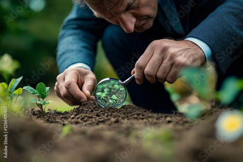 Obraz na płótnie Photo of A businessman examines a plot of land with a magnifying glass Purchase and sale of land Plot valuation Checking for arrests and possible risks to the successful conclusion of the contract w salonie