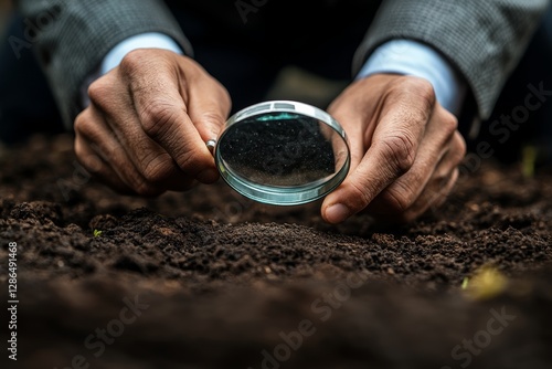 Obraz na płótnie Photo of A businessman examines a plot of land with a magnifying glass Purchase and sale of land Plot valuation Checking for arrests and possible risks to the successful conclusion of the contract w salonie