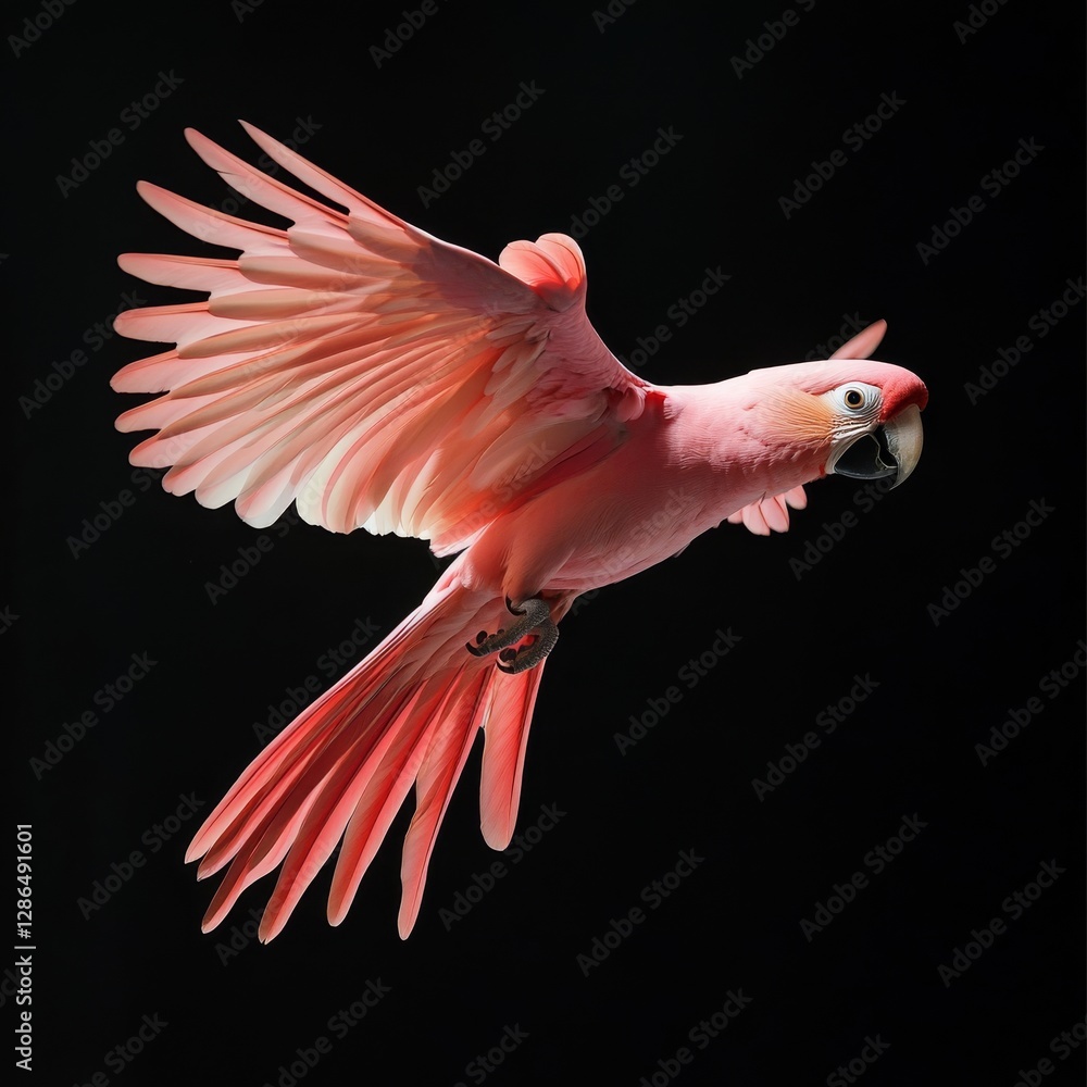 Pink parrot flying dona t looking to the camera black background