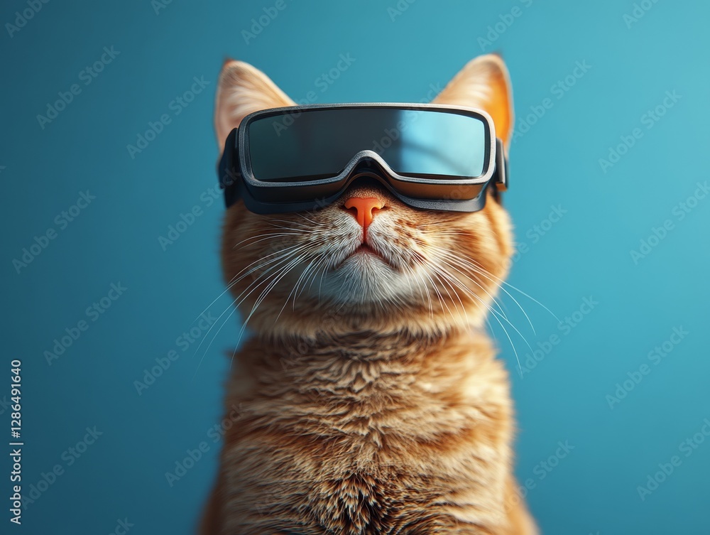 Portrait of a cat wearing vr glasses 3d character blue solid background