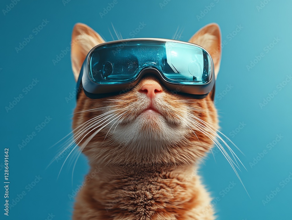 Portrait of a cat wearing vr glasses 3d character blue solid background