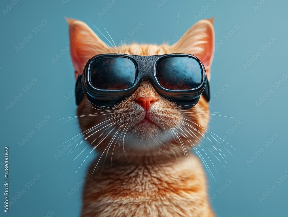 Portrait of a cat wearing vr glasses 3d character blue solid background