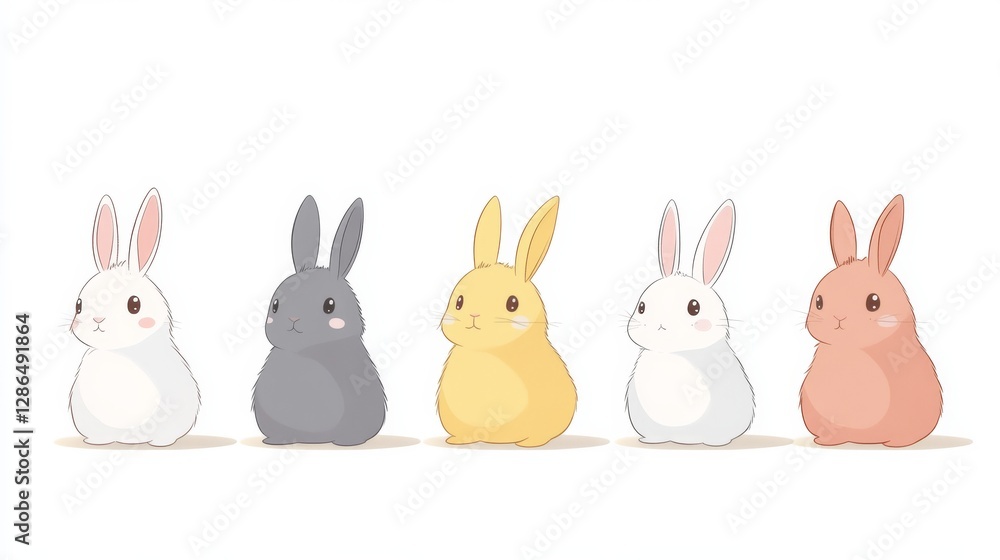 Rabbits cute flat style simple illustration rounded shapes minimal shading soft pastel color palette thin and delicate linework