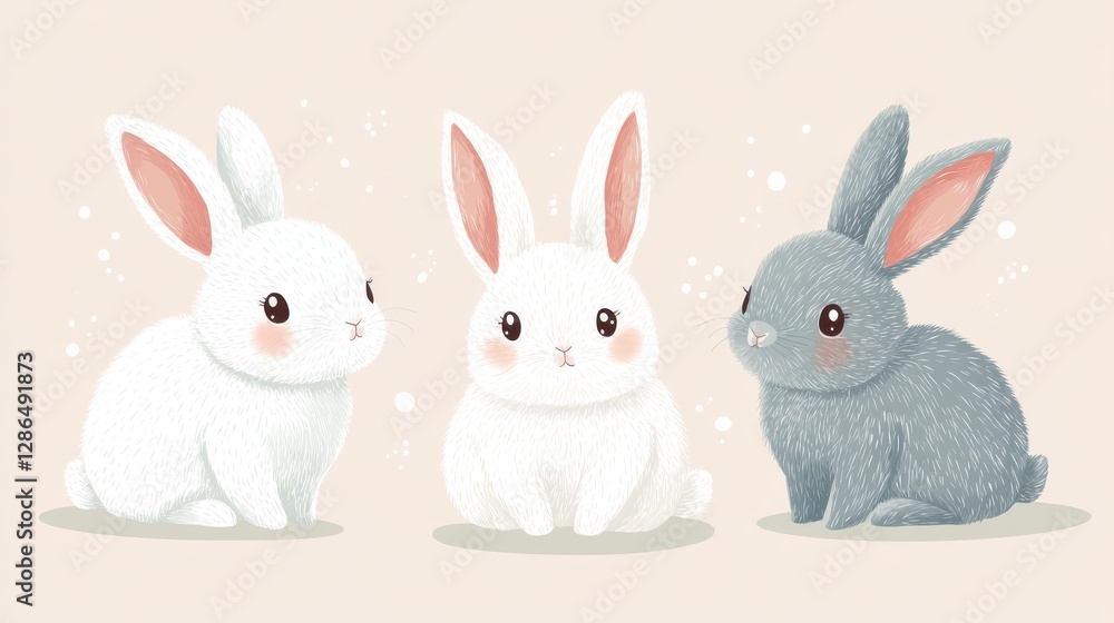 Rabbits cute flat style simple illustration rounded shapes minimal shading soft pastel color palette thin and delicate linework