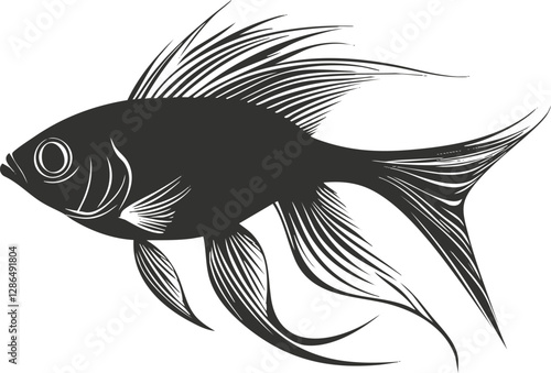 Black and white silhouette of a fish with detailed fins and tail.