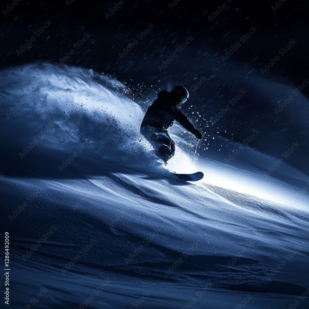Real photography a snowboarder skiing at night in the snow field blues moment diagonal composition atmosphere