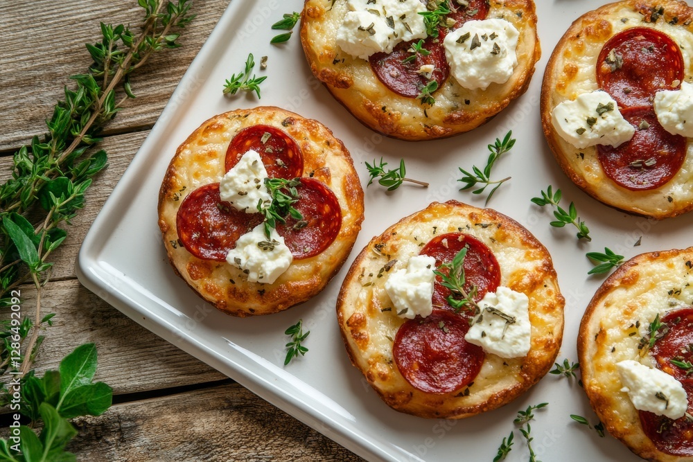 Realistic food photography of mini flammkuchen topped with creamy feta cheese and mild pepperoni resting on a rustic wooden table showcasing a golden crispy crust with fresh herbs scattered around